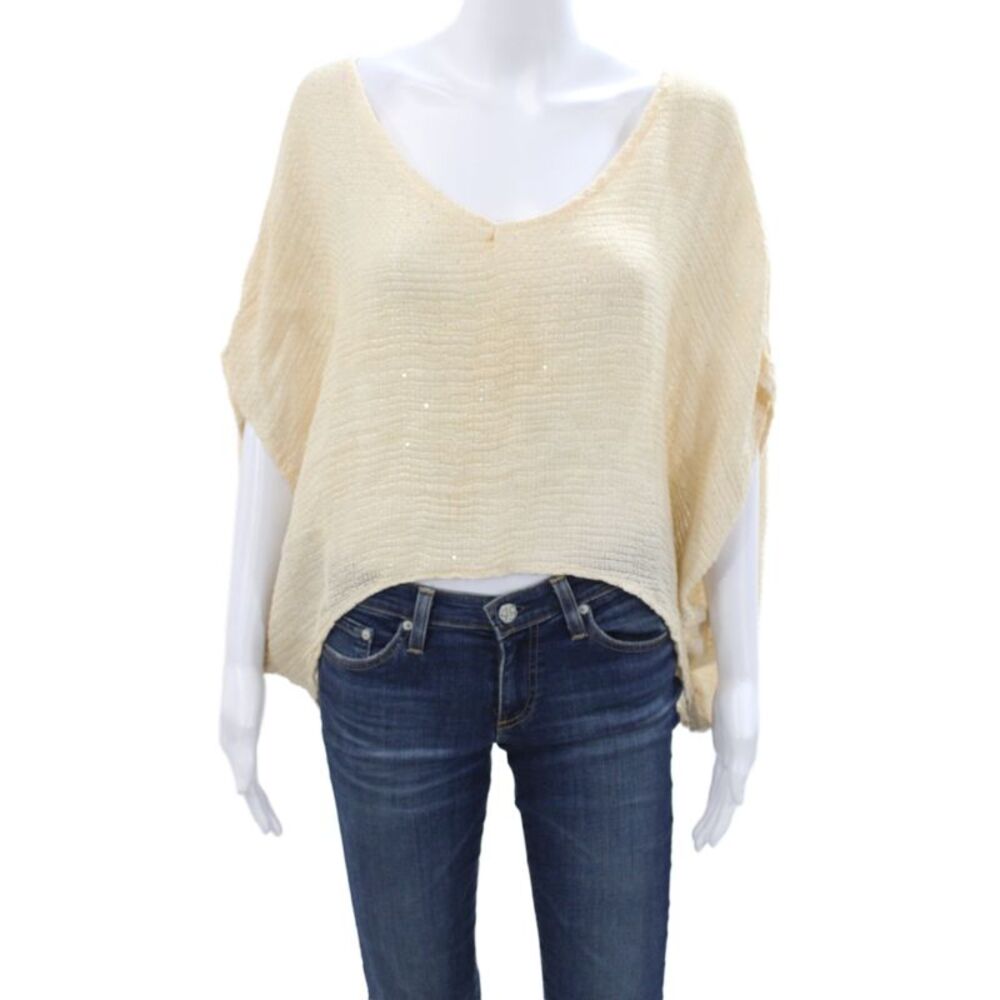 Sunday Best Womens Cropped Linen V Neck Short Sleeve Blouse Beige Size One Size